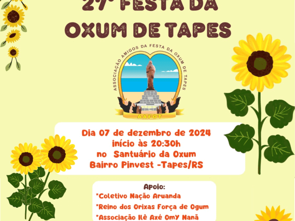 27ª Festa da Oxum de Tapes acontece no próximo dia 07/12